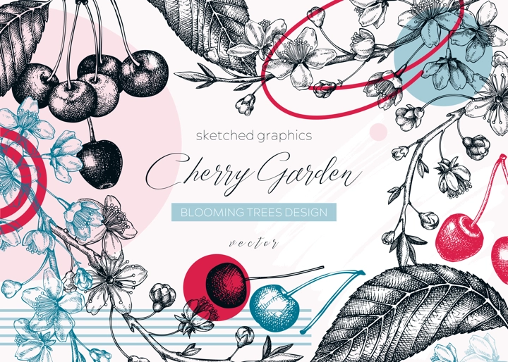 Collage-style spring background. Cherry blossom tree sketches. Vector frame with hand drawn cherry berries, leaves, flowering branches illustrations. Black contoured sakura  banner design